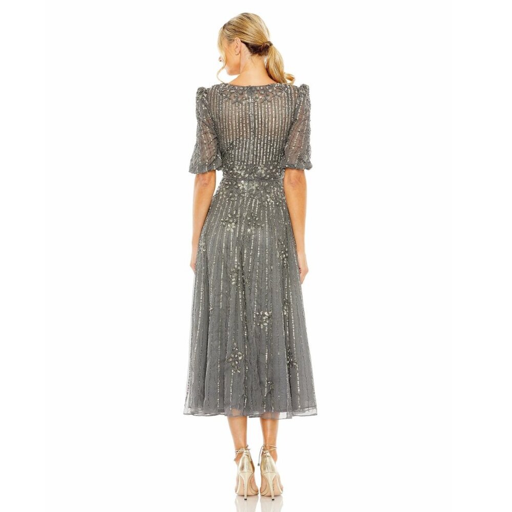 FLAW - Mac Duggal Puff Quarter Length Sleeve V-Neck Dress Pewter 2 #A0076 - Picture 7 of 11